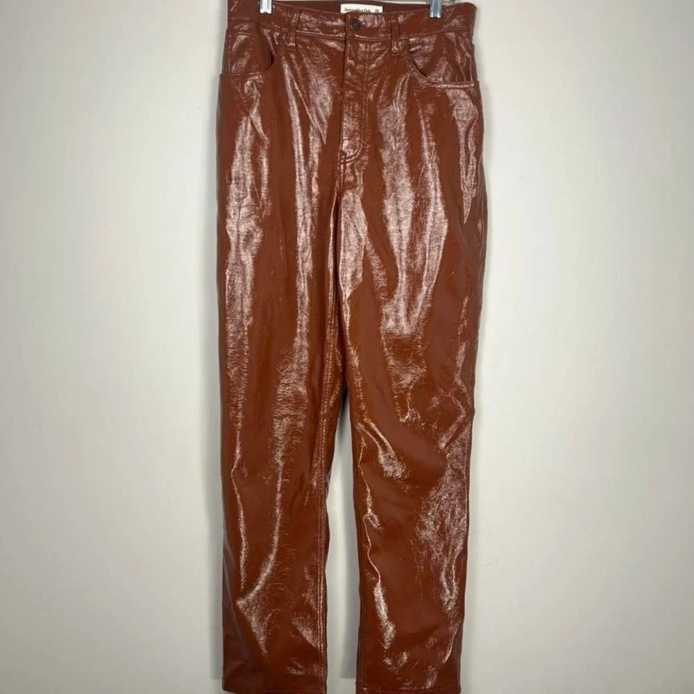 Abercrombie 90s Ultra High Rise Coated Pants Brown Straight Size 28 - Picture 2 of 8
